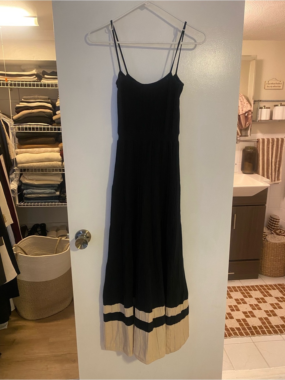 Bobbles and Lace, size small, Black and Cream Maxi Dress with Striped Hem